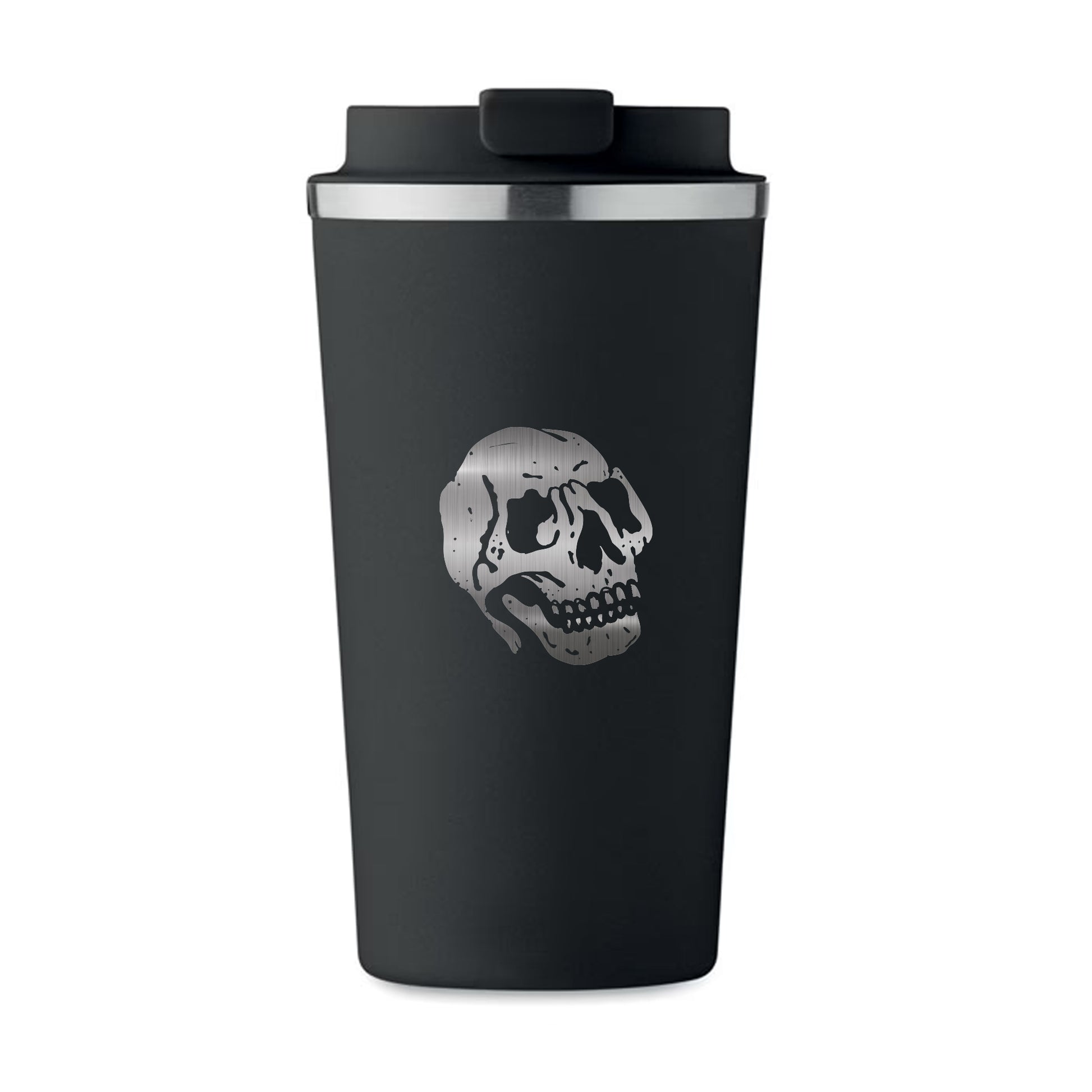 Stainless steel travel mug with engraved skull design by Jackhammer Clothing Front