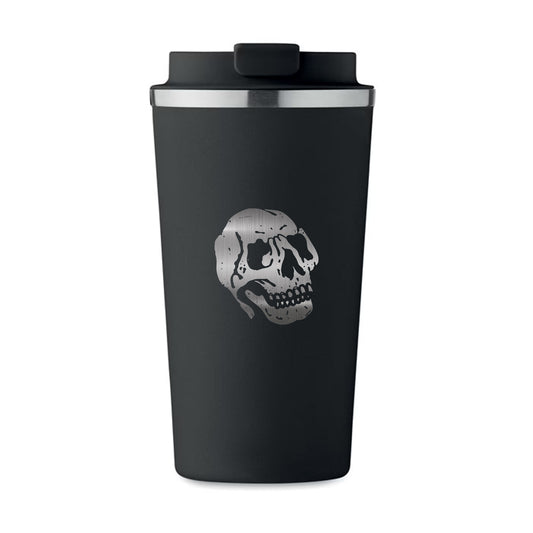 Stainless steel travel mug with engraved skull design by Jackhammer Clothing Front
