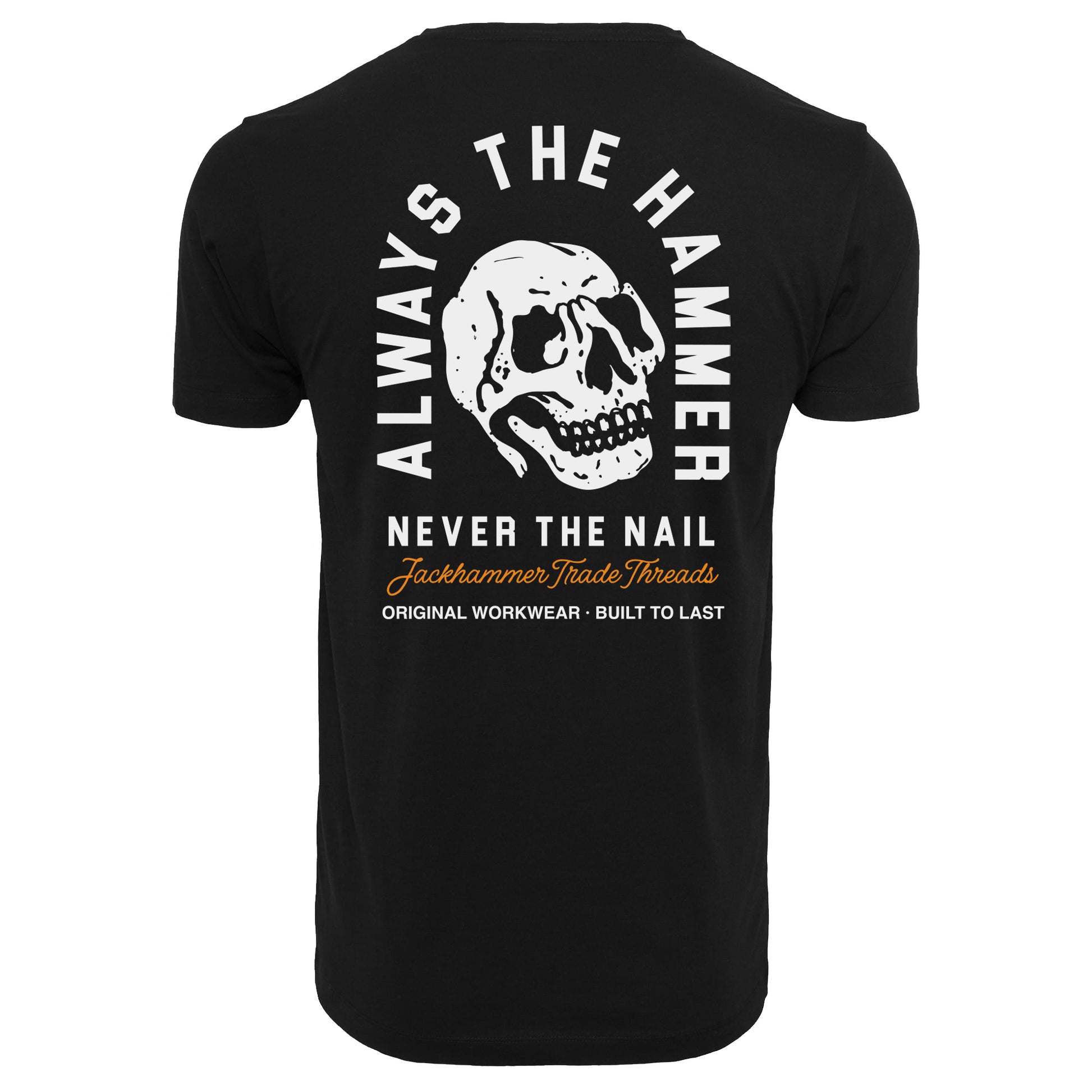 Black t-shirt with skull design and text on a white background