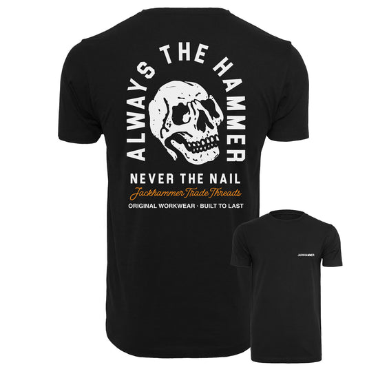 Black t-shirt with skull design and text on the back, brand logo on the sleeve.