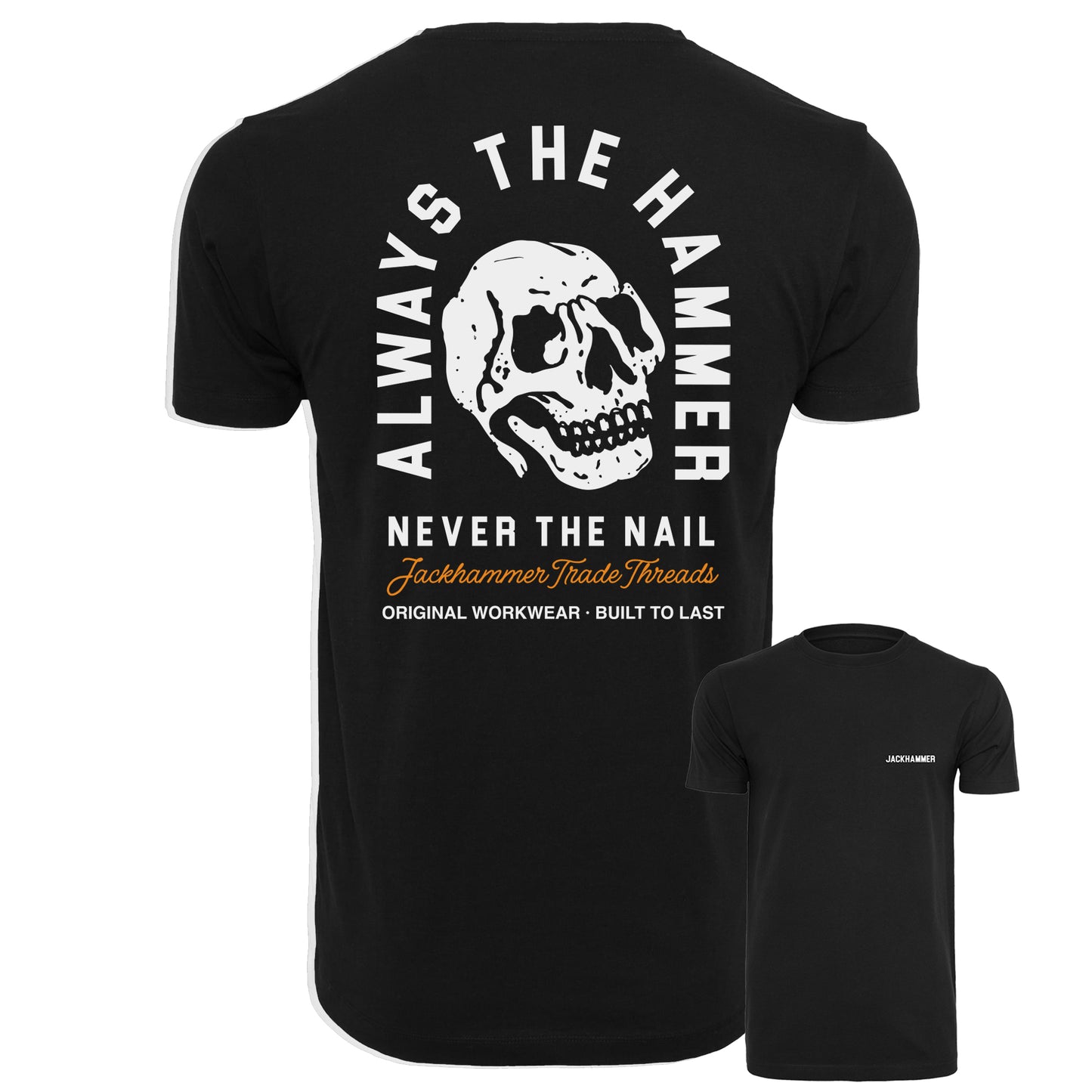 Black t-shirt with skull design and text on the back, brand logo on the chest.