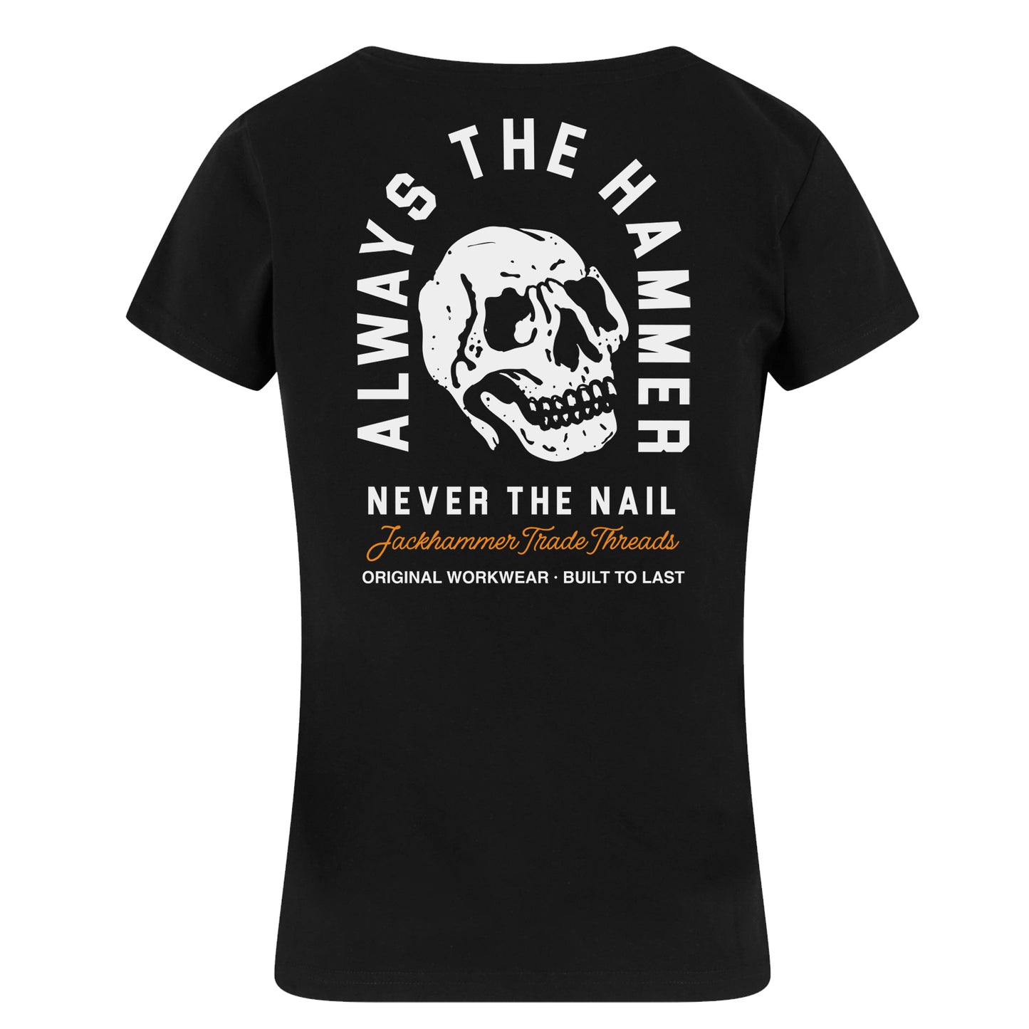 Black t-shirt with skull design and text on the back, on a white background