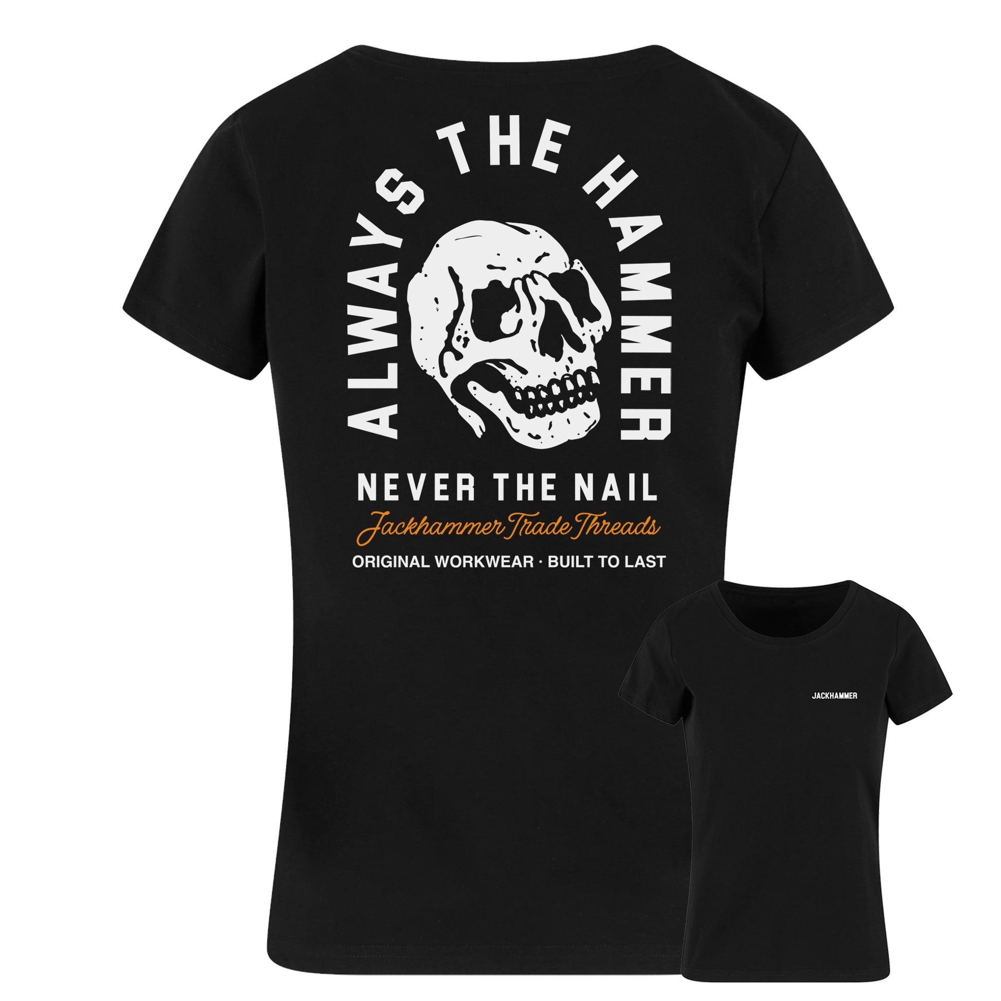 Black t-shirt with skull design and text on a white background