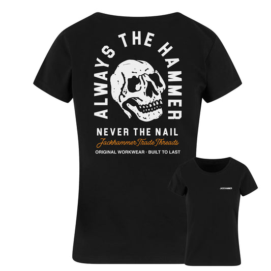 Black t-shirt with skull design and text on a white background
