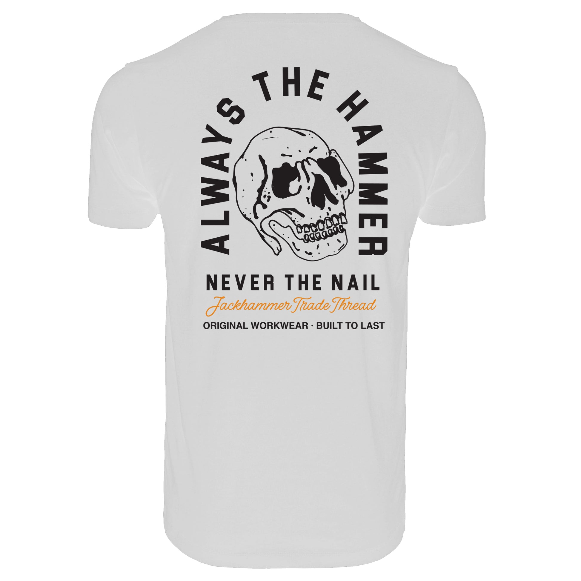 White t-shirt with skull design and text on a white background