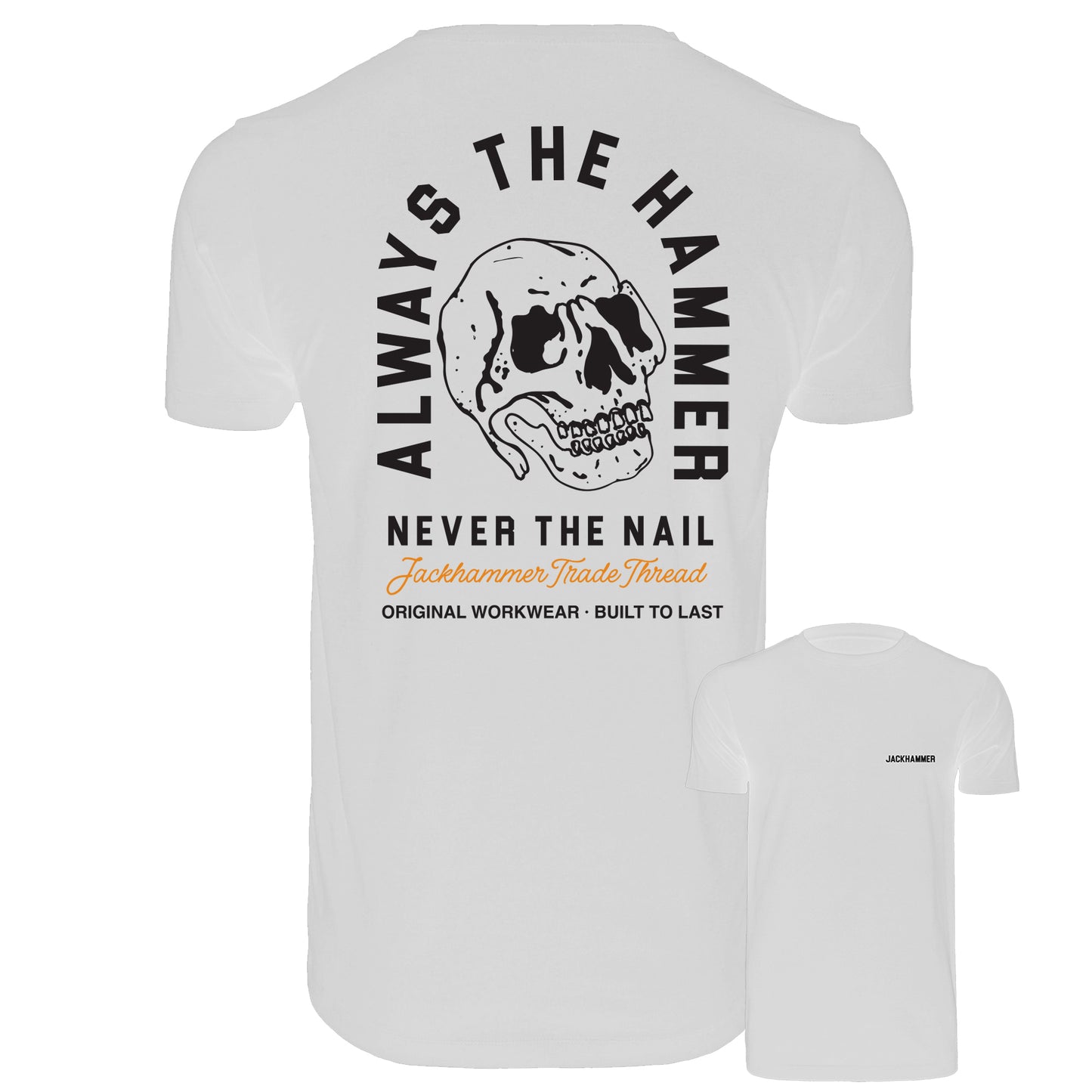 White t-shirt with skull design and text on a white background with JACKHAMMER logo pocket print