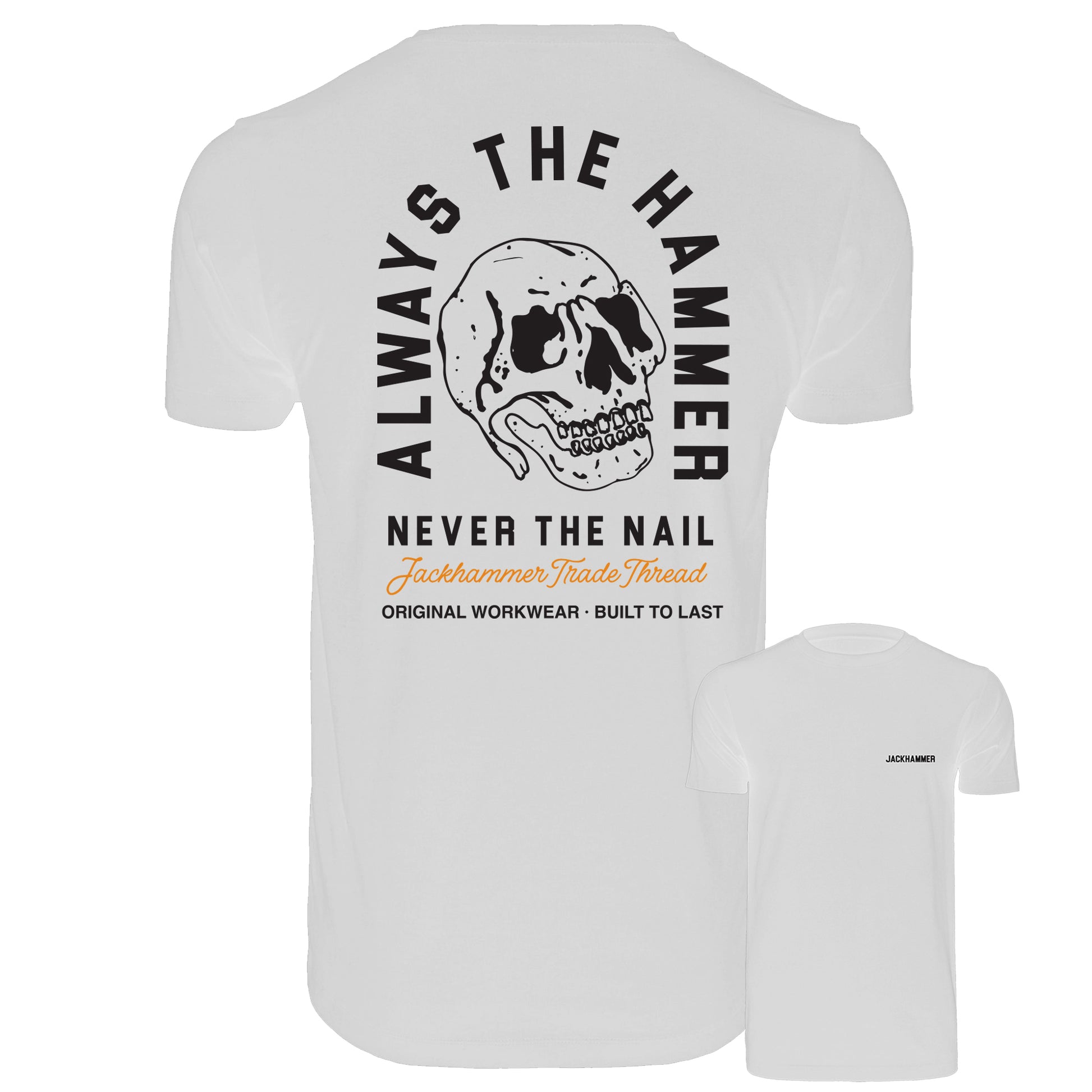 White t-shirt with skull design and text on a white background with JACKHAMMER logo pocket print