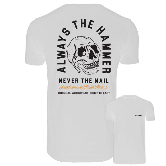 White t-shirt with skull design and text on a white background with JACKHAMMER logo pocket print
