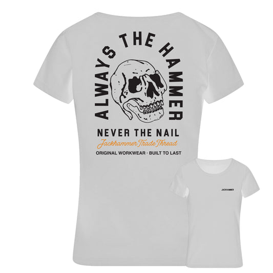 White t-shirt with skull design and text on a white background