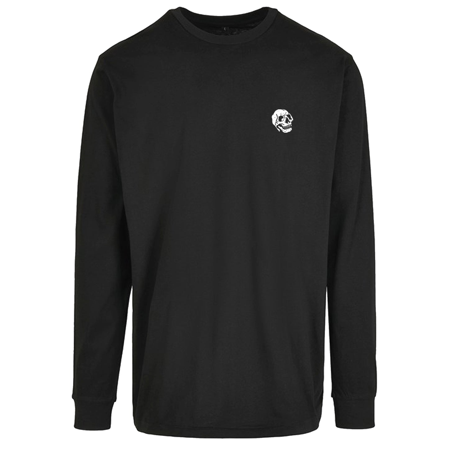 Black long-sleeve shirt with a small white logo on a white background