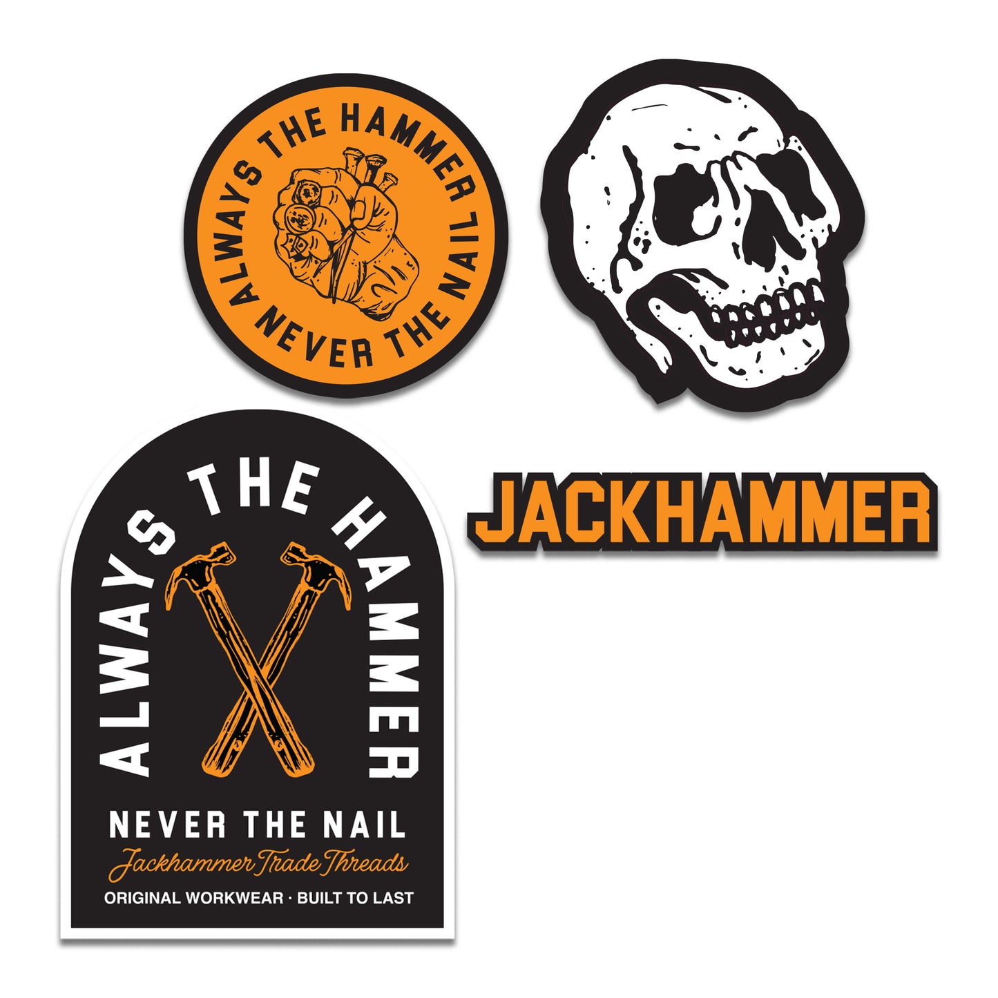 Four stickers with text and graphics on a white background