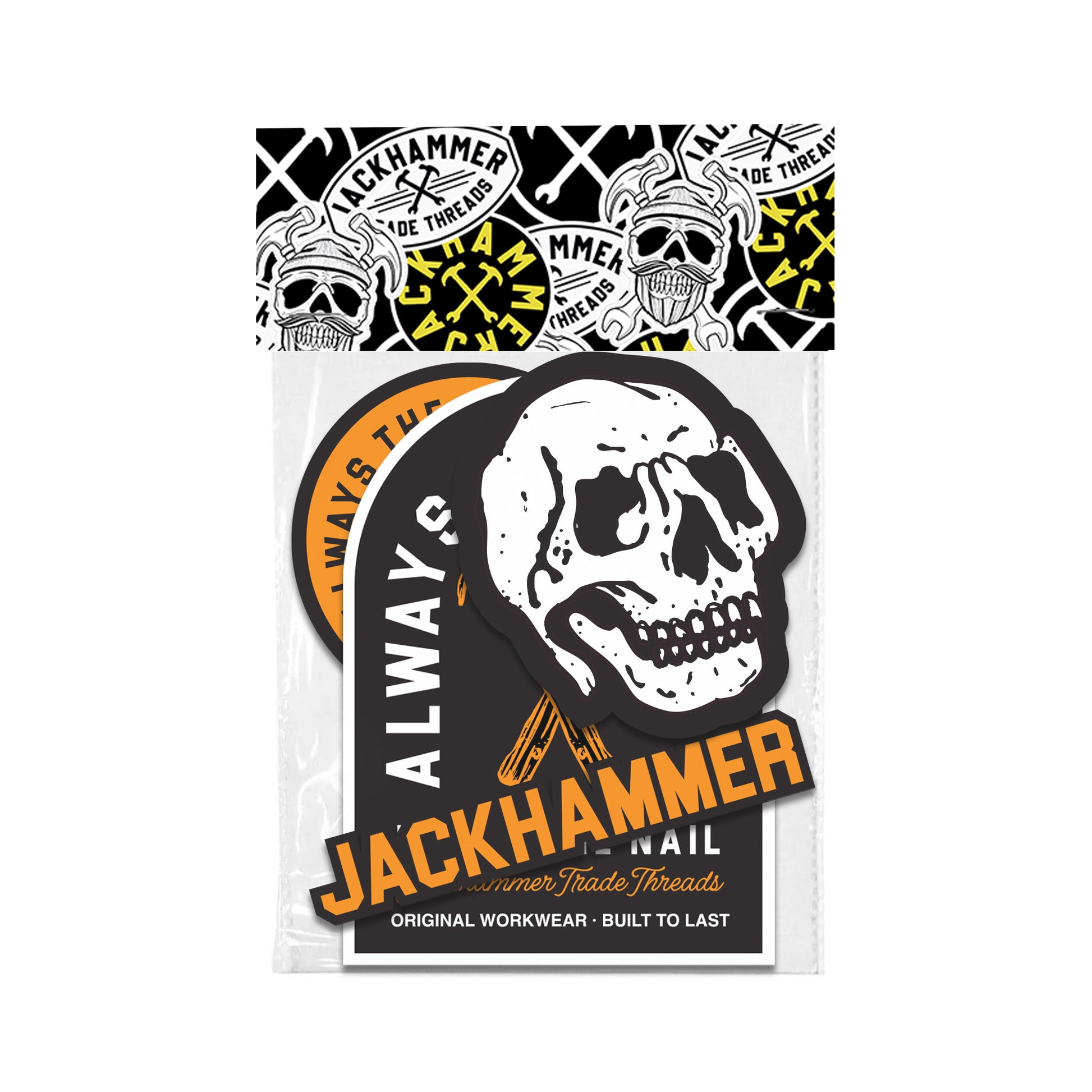 Packaged set of 'Jackhammer' branded stickers with skull design on a white background