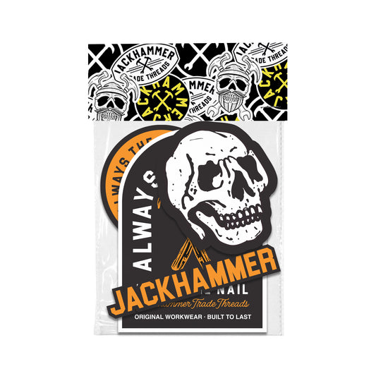 Packaged set of 'Jackhammer' branded stickers with skull design on a white background