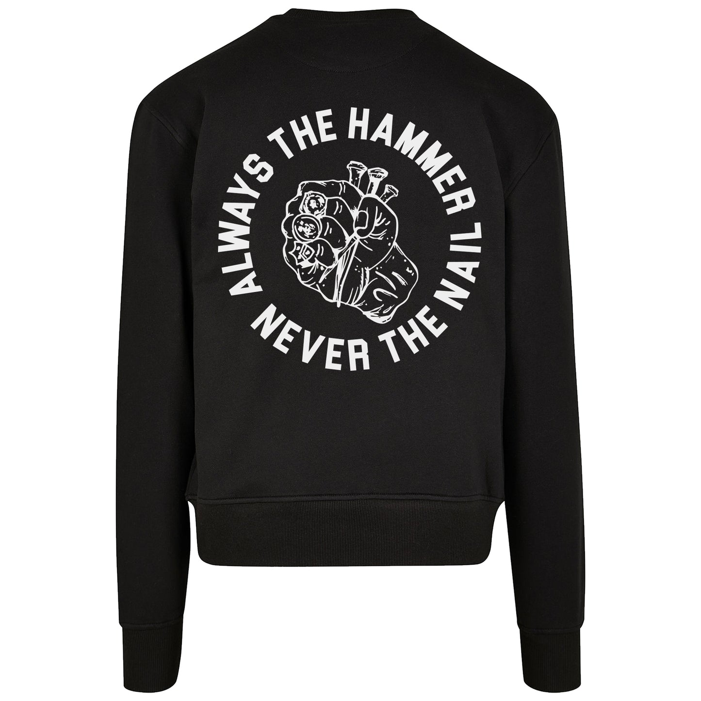 Black sweatshirt with white graphic and text on a white background