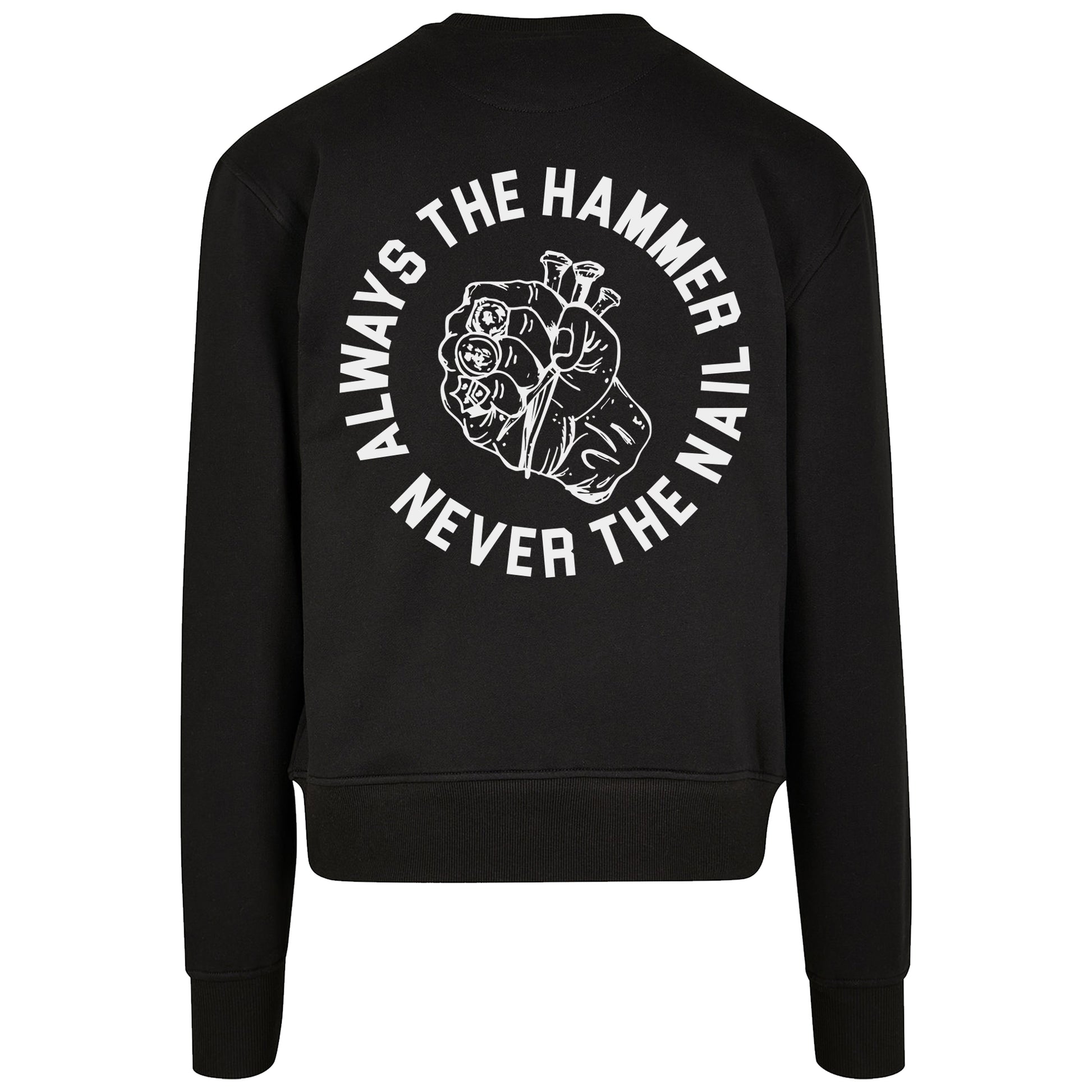 Black sweatshirt with white graphic and text on a white background