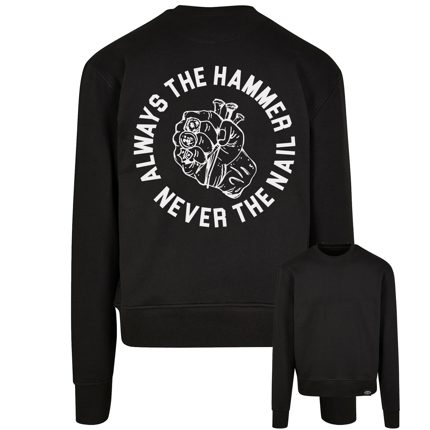Black sweatshirt with white graphic and text on a white background