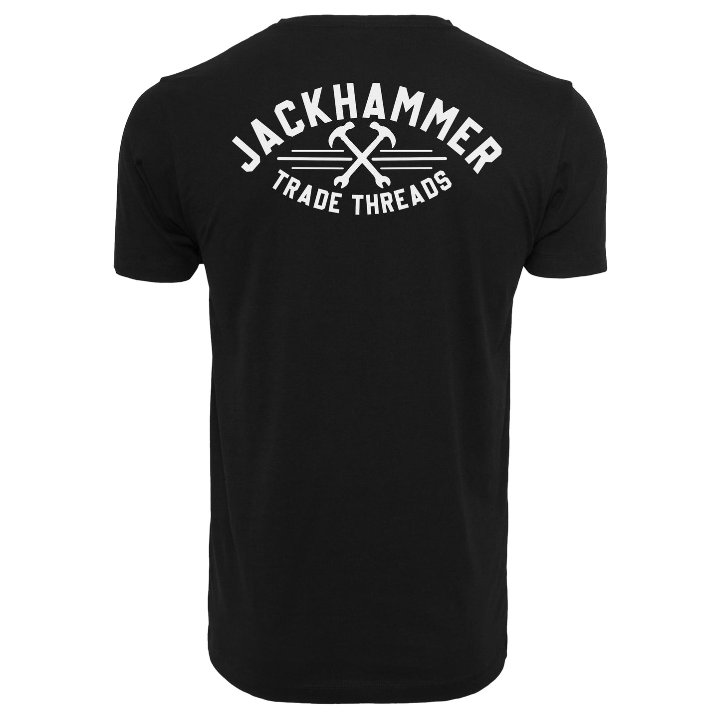 Black t-shirt with 'Jackhammer Trade Threads' logo on the back against a white background