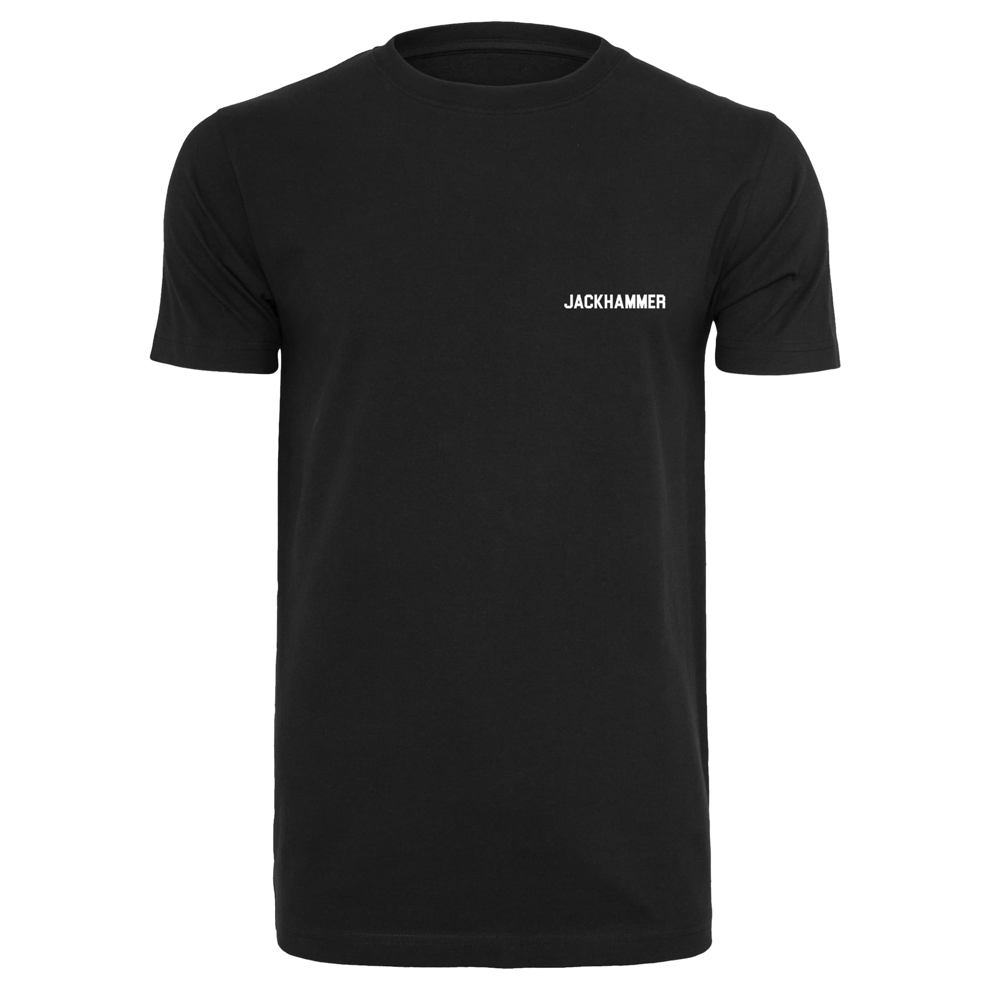 Black t-shirt with 'JACKHAMMER' logo on a white background