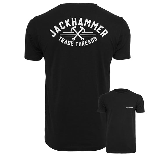 Black t-shirt with 'Jackhammer Trade Threads' logo on the back, displayed from front and back views.