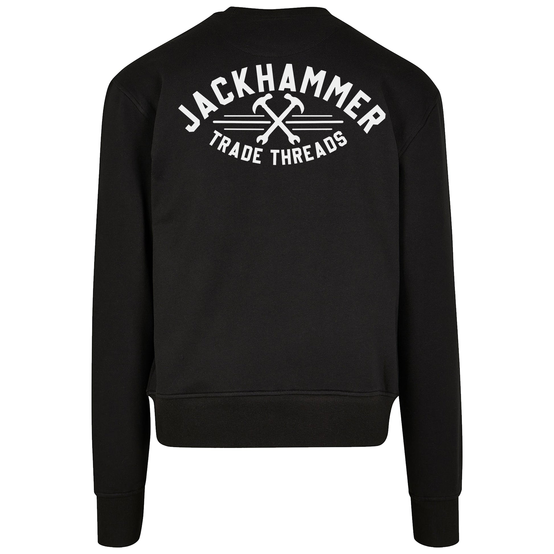 Black sweatshirt with 'Jackhammer Trade Threads' logo on the back against a white background