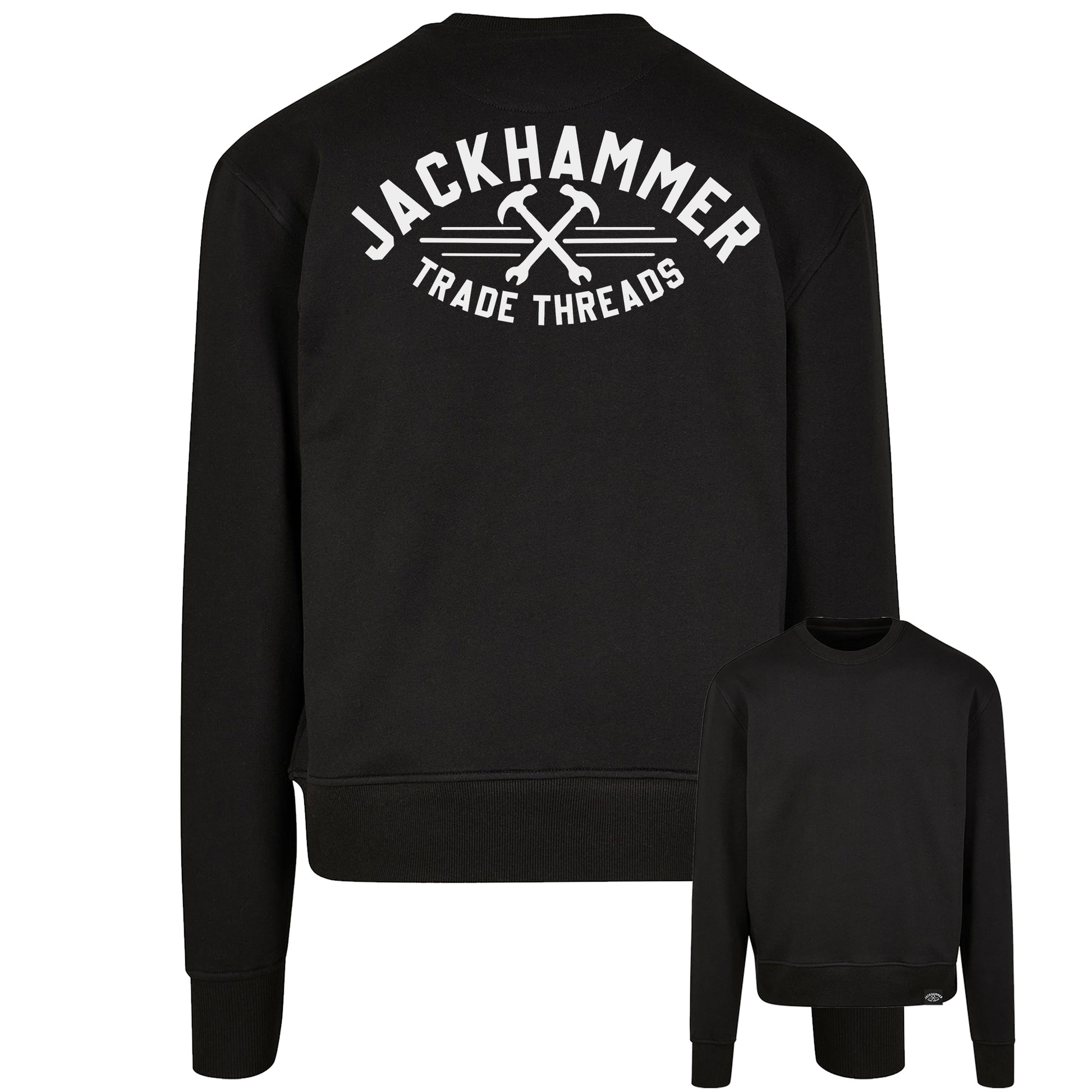 Black sweatshirt with 'Jackhammer Trade Threads' logo on the back, shown from front and back views.