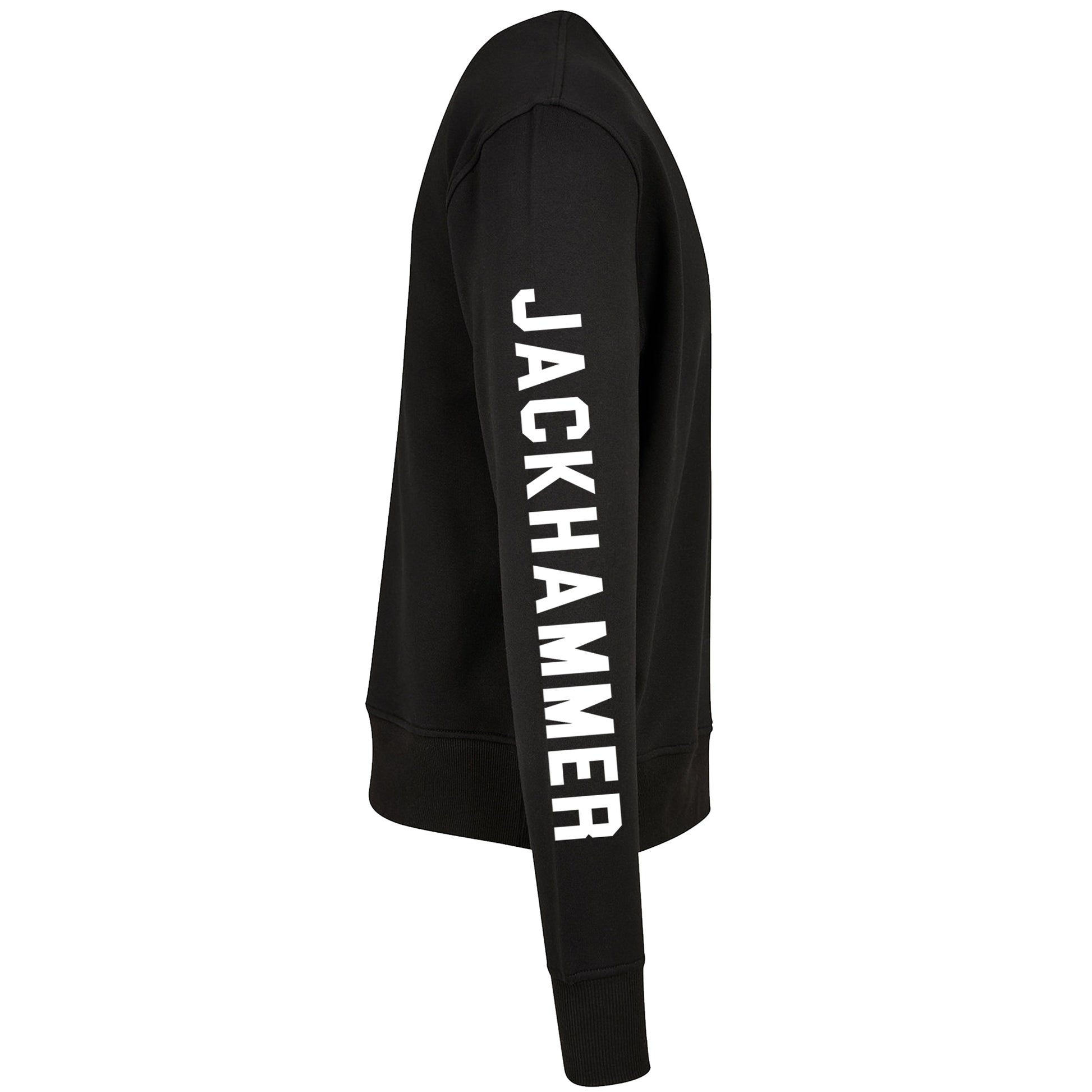 Black hoodie with 'JACKHAMMER' text on a white background