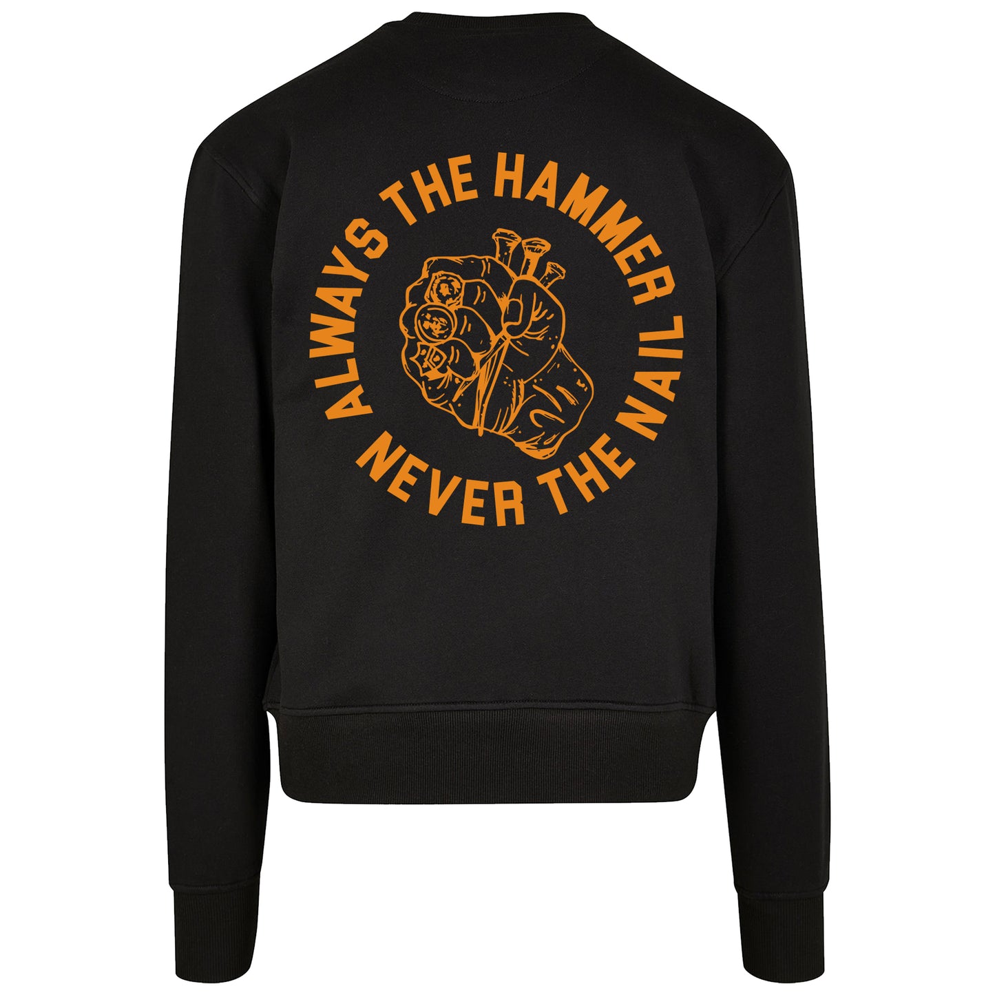 Black sweatshirt with yellow graphic and text on a white background