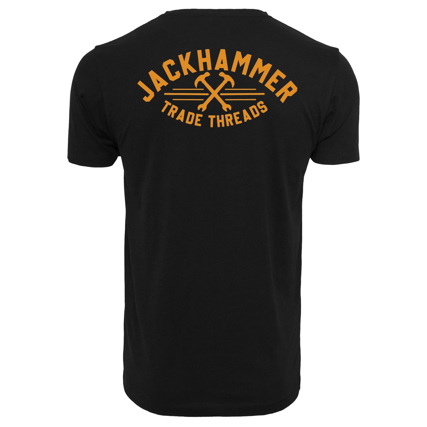 Black t-shirt with 'Jackhammer Trade Threads' logo on the back against a white background