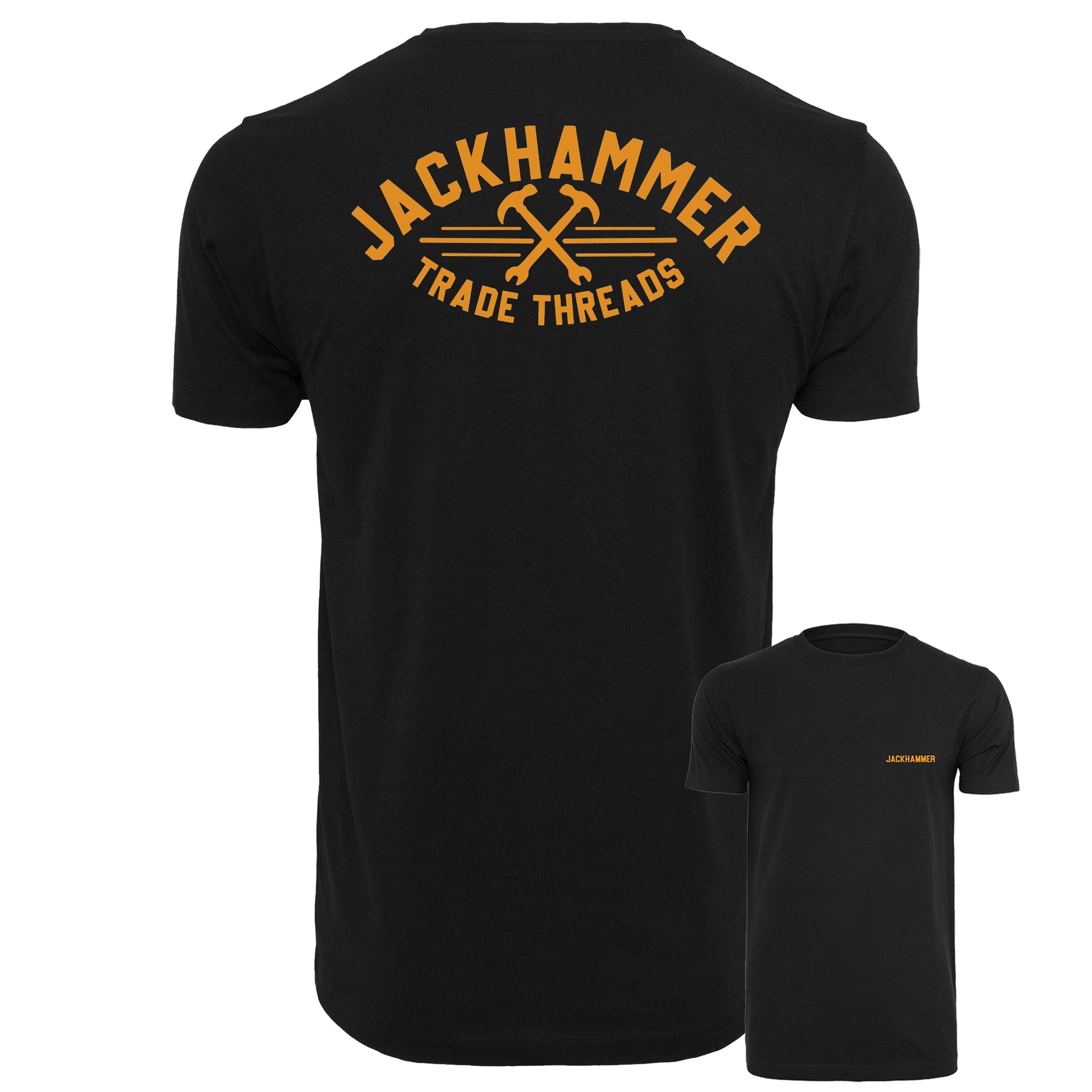 Black t-shirt with 'Jackhammer Trade Threads' logo on the back, displayed on a white background.