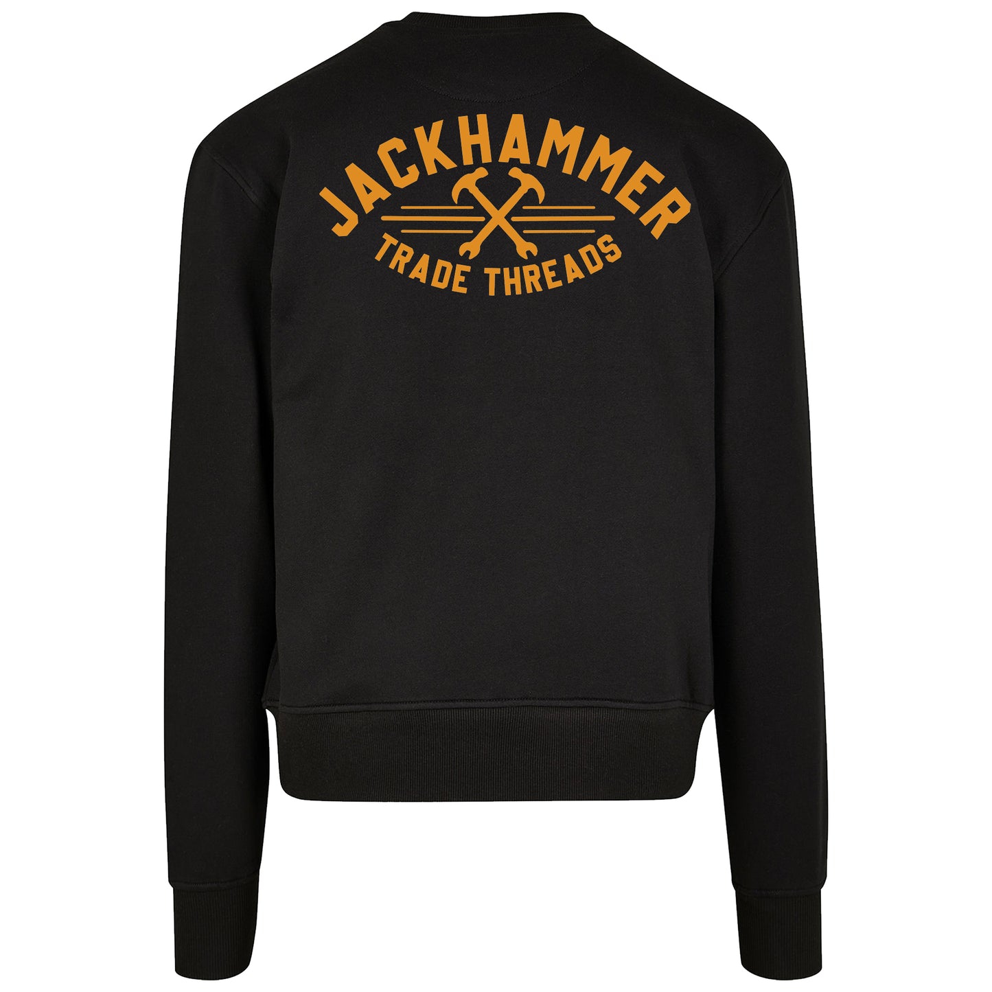 Black sweatshirt with 'Jackhammer Trade Threads' text on the back against a white background