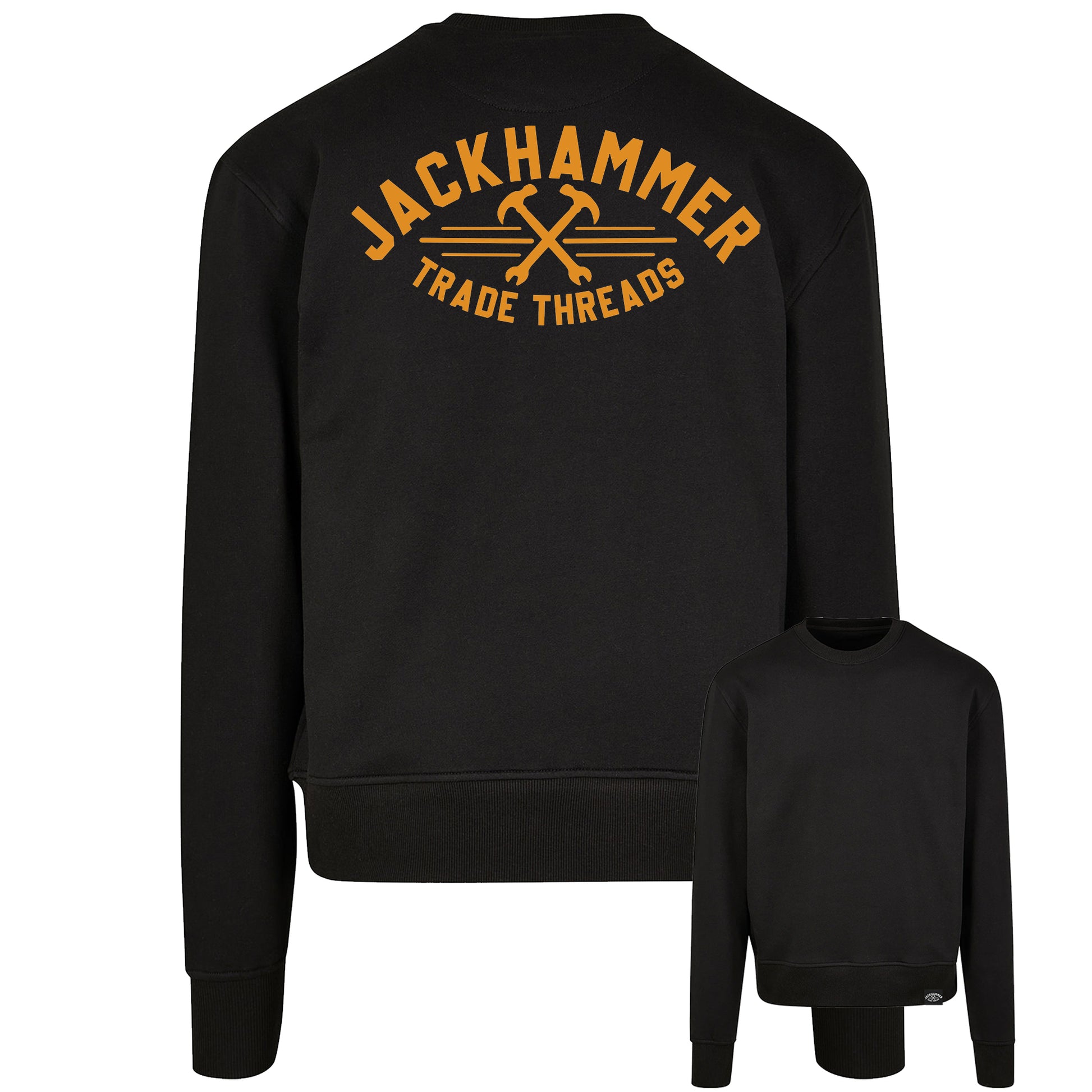 Black sweatshirt with 'Jackhammer Trade Threads' text on the back, shown from front and back views.