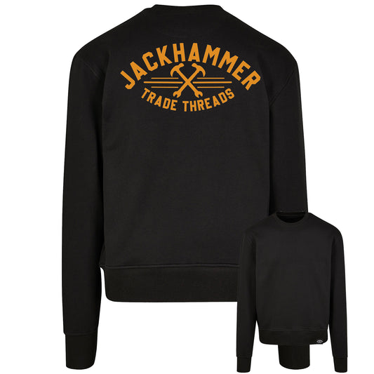 Black sweatshirt with 'Jackhammer Trade Threads' text on the back, shown from front and back views.