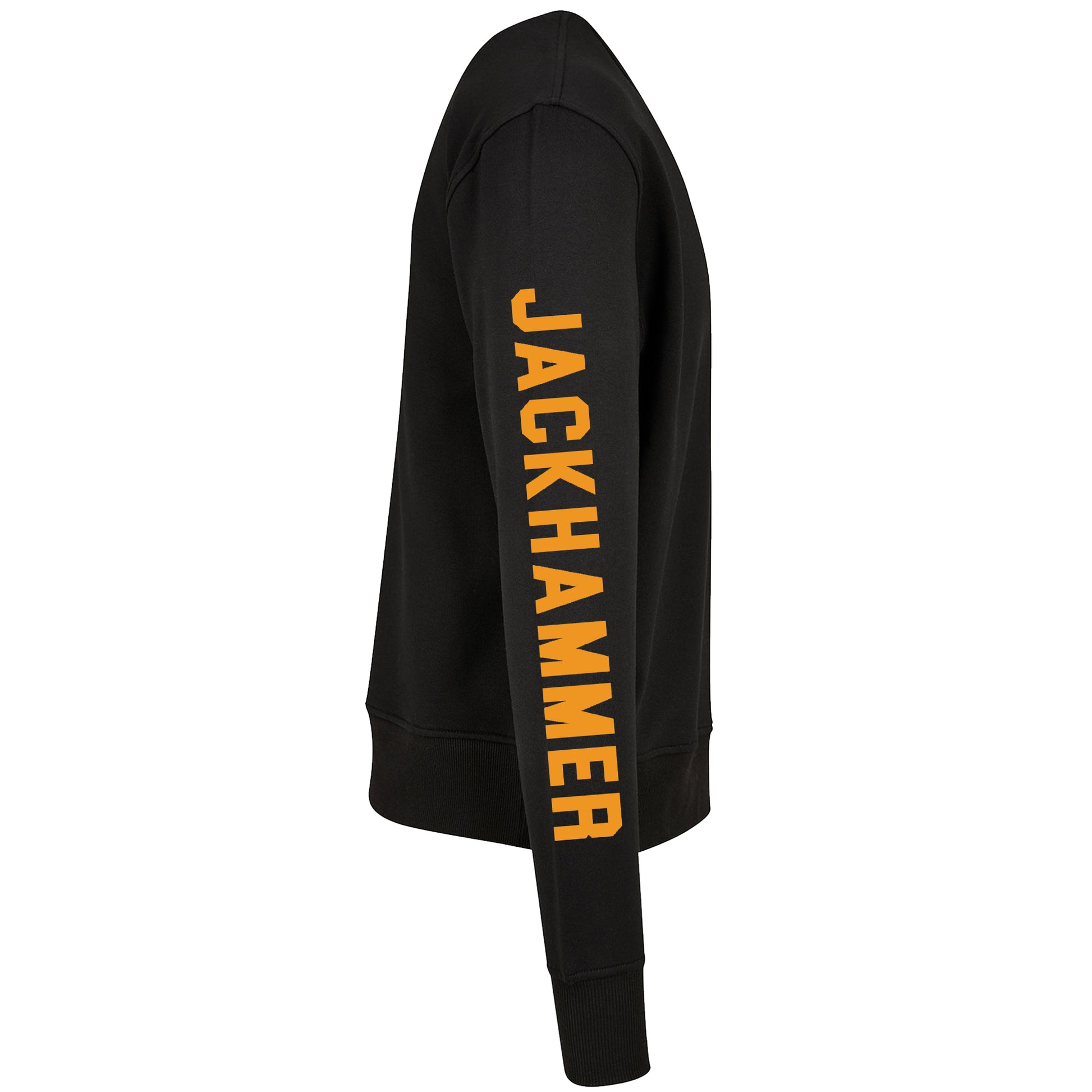 Black hoodie with 'Jackhammer' text on a white background